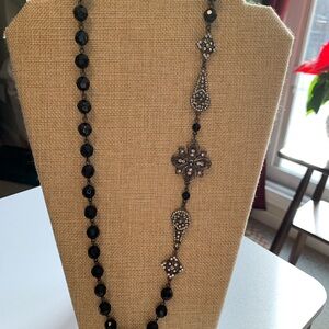 Elegant Vintage Black Beaded Necklace with Rhinestone Accents Down One Side
